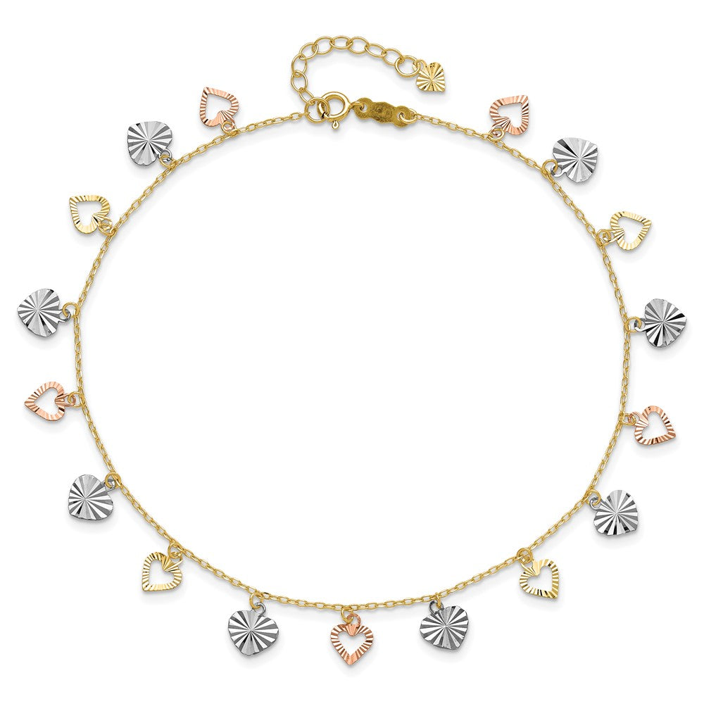 14K Tri-Color Heart 9in Plus 1in ext  Anklet