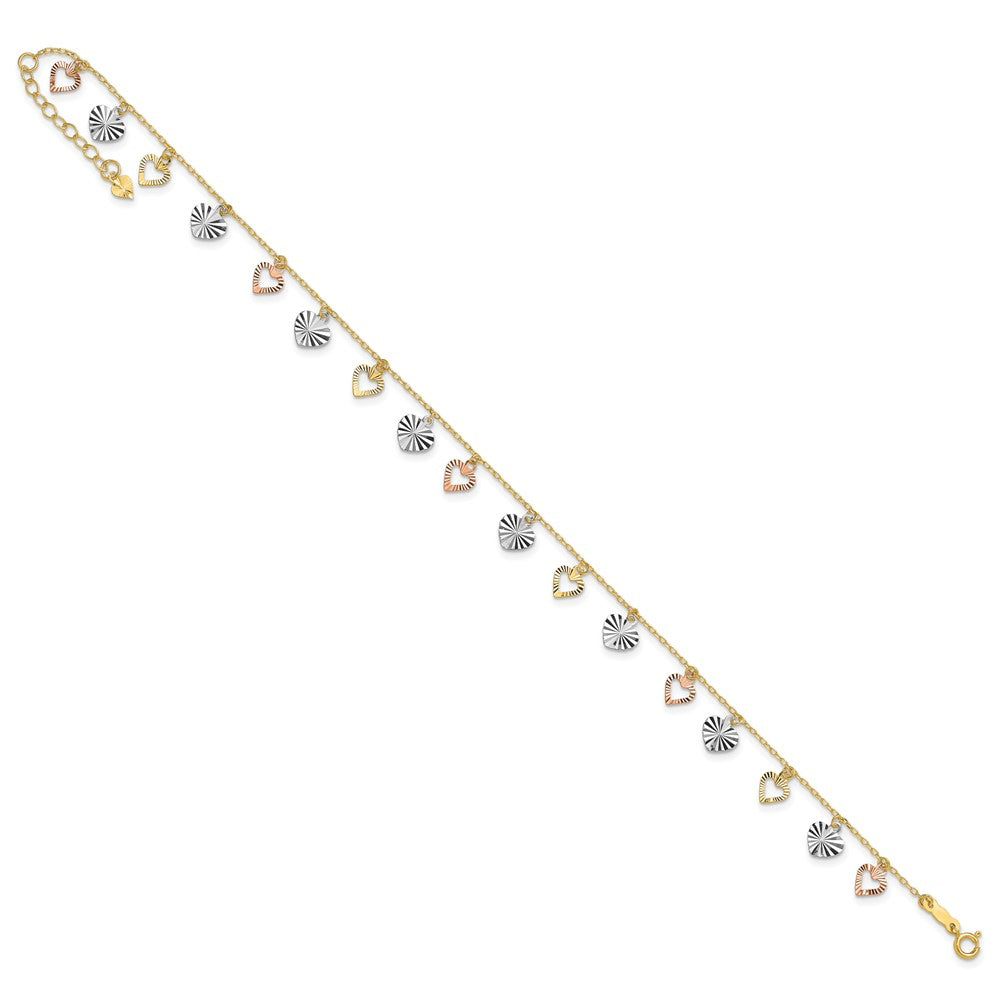 14K Tri-Color Heart 9in Plus 1in ext  Anklet