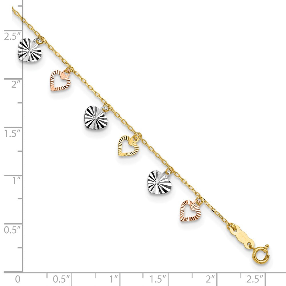 14K Tri-Color Heart 9in Plus 1in ext  Anklet