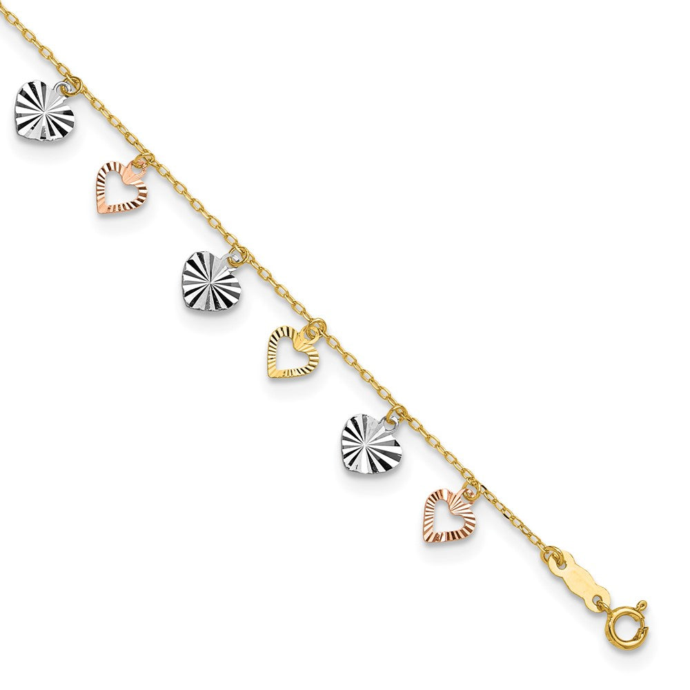 14K Tri-Color Heart 9in Plus 1in ext  Anklet