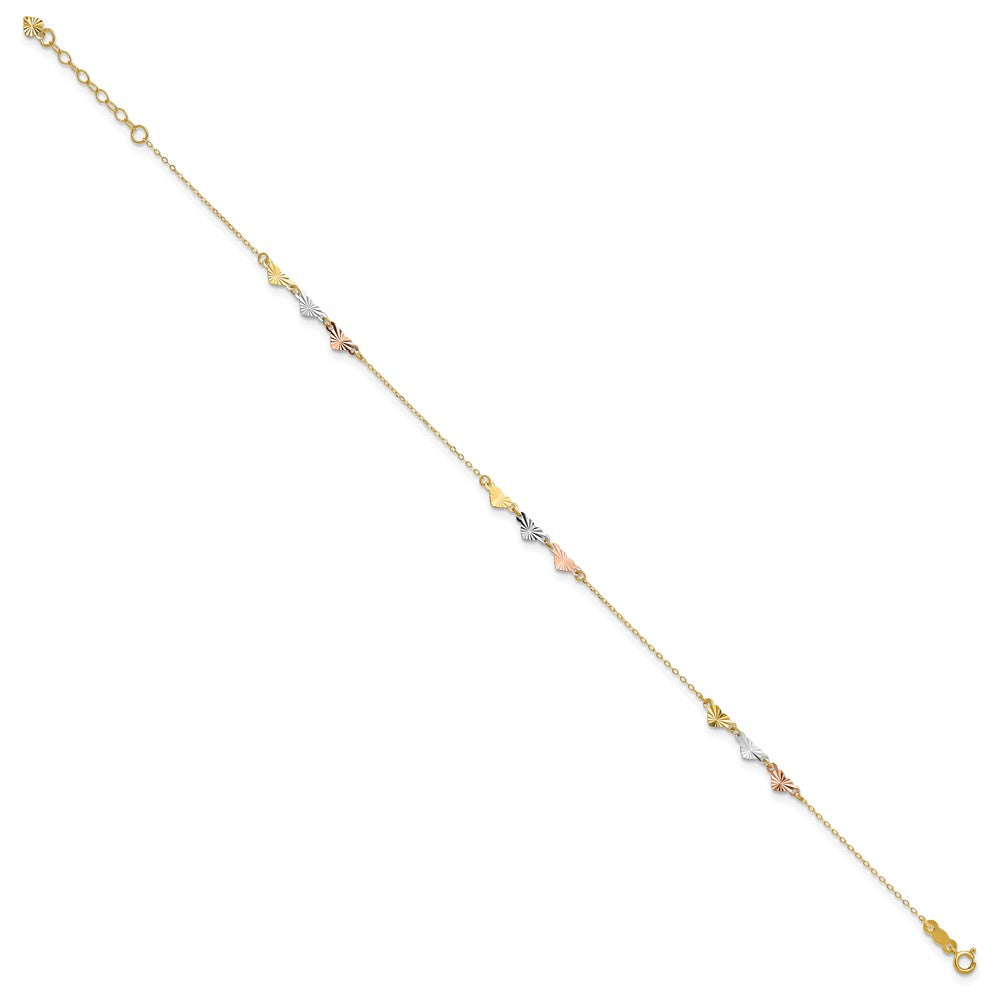 14K Tri-Color Diamond-cut Hearts 9in Plus 1in ext  Anklet