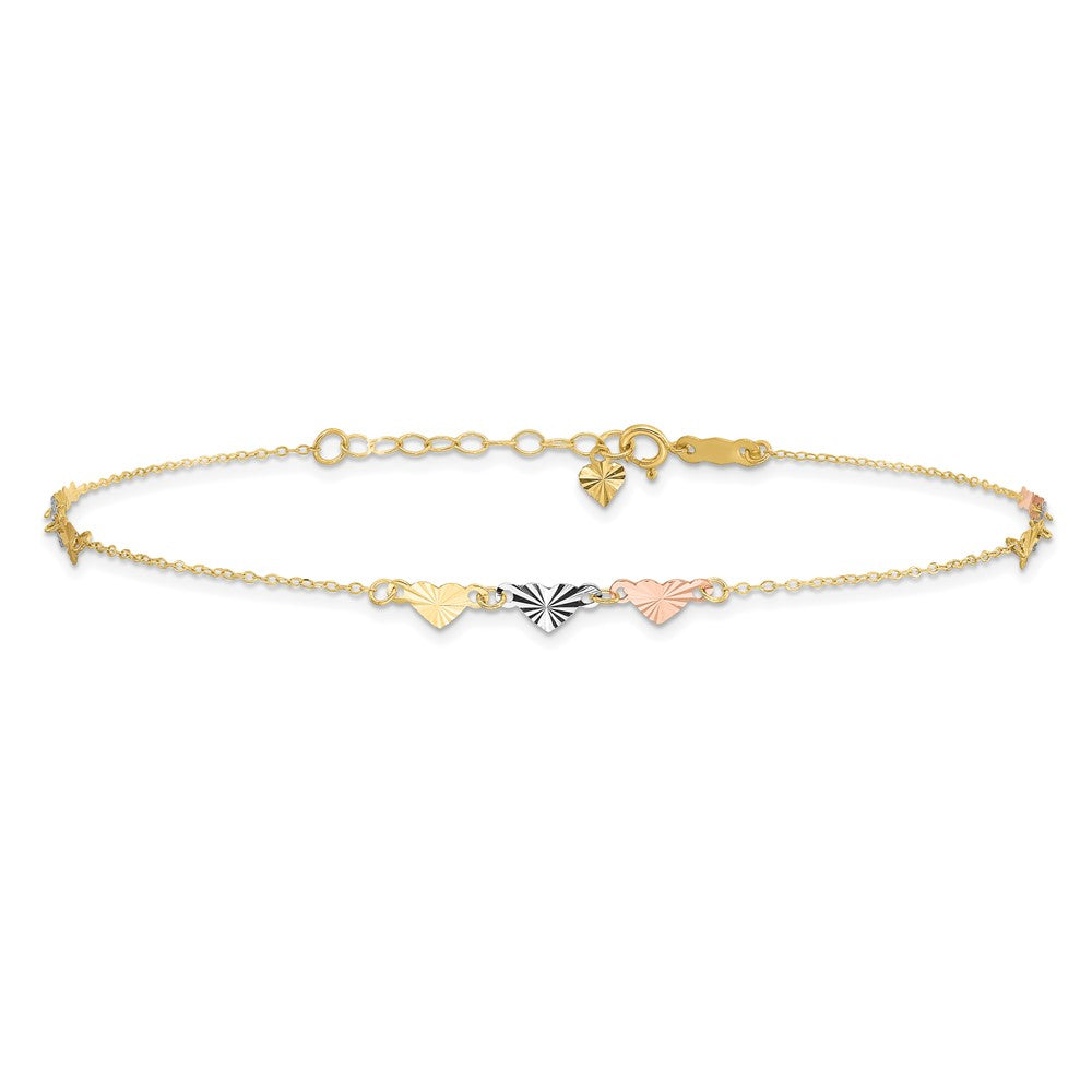 14K Tri-Color Diamond-cut Hearts 9in Plus 1in ext  Anklet