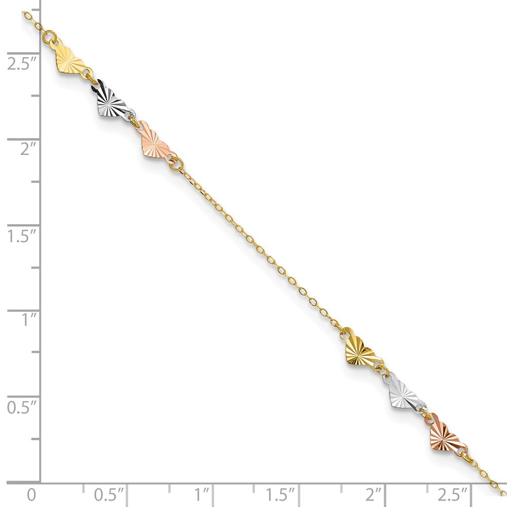 14K Tri-Color Diamond-cut Hearts 9in Plus 1in ext  Anklet