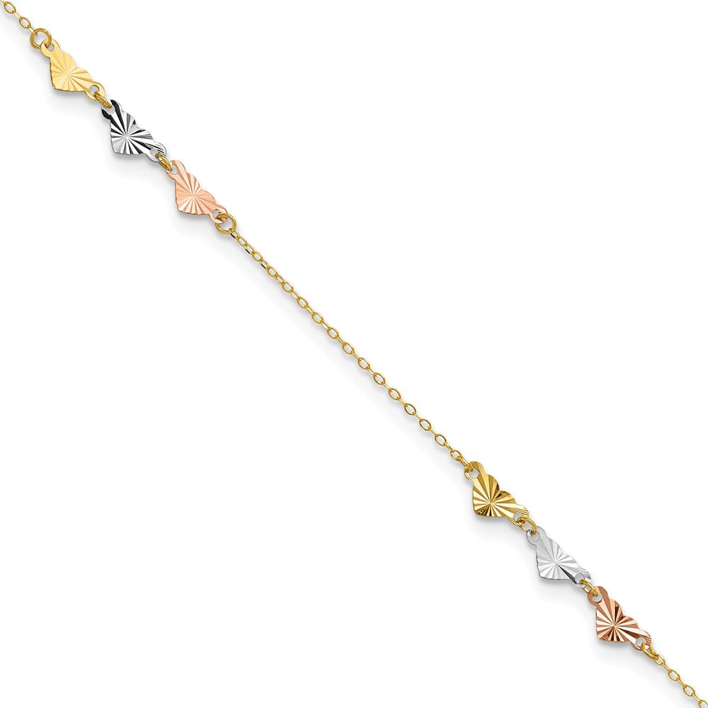 14K Tri-Color Diamond-cut Hearts 9in Plus 1in ext  Anklet