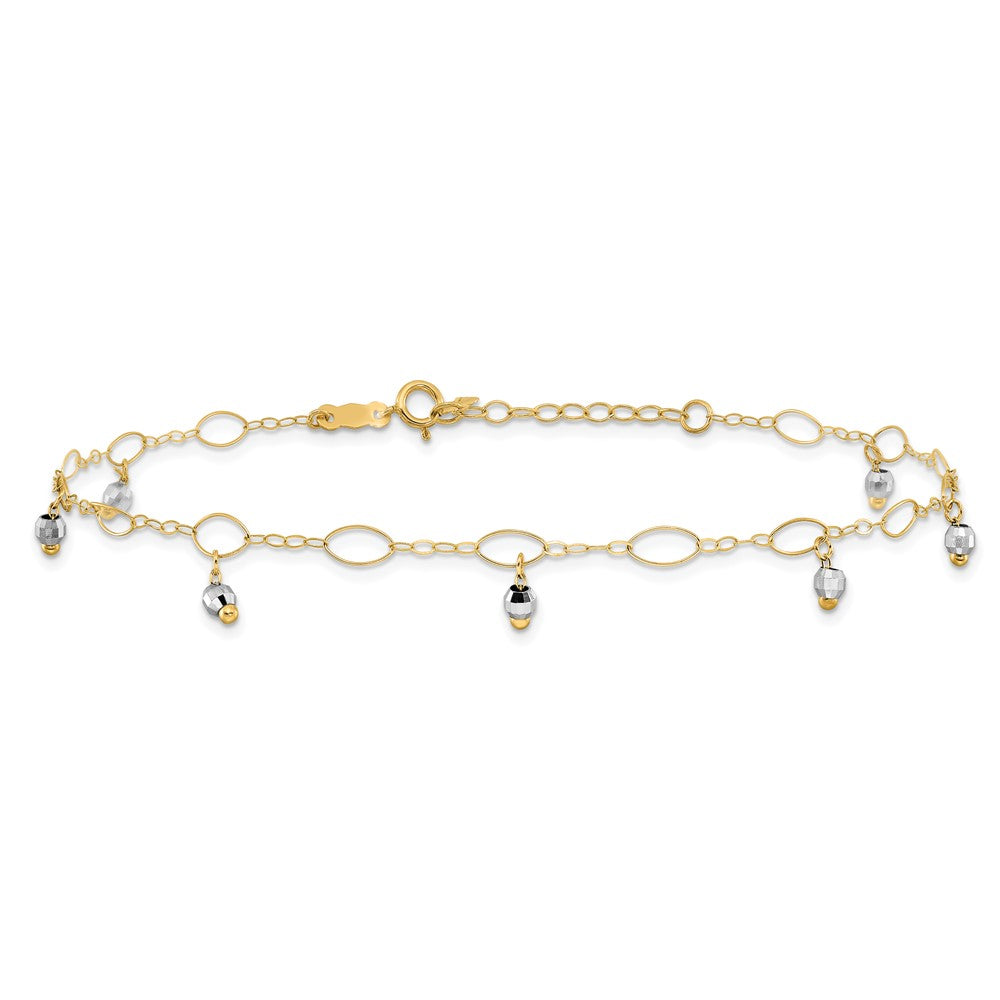 14K Two-Tone Mirror Beaded 9in Plus 1in ext. Anklet