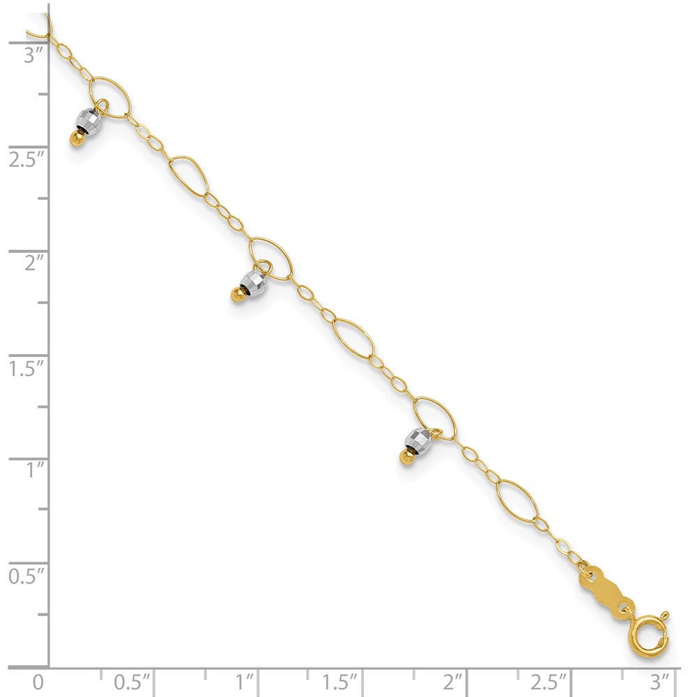 14K Two-Tone Mirror Beaded 9in Plus 1in ext. Anklet