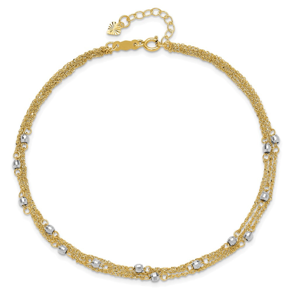 14k Two-tone Triple Strand 9in Plus 1in ext. Anklet