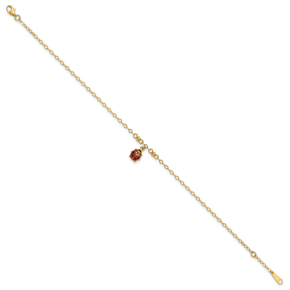 14K Adjustable Enameled Ladybug 9in Plus 1in ext. Anklet