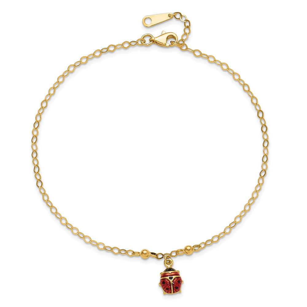 14K Adjustable Enameled Ladybug 9in Plus 1in ext. Anklet