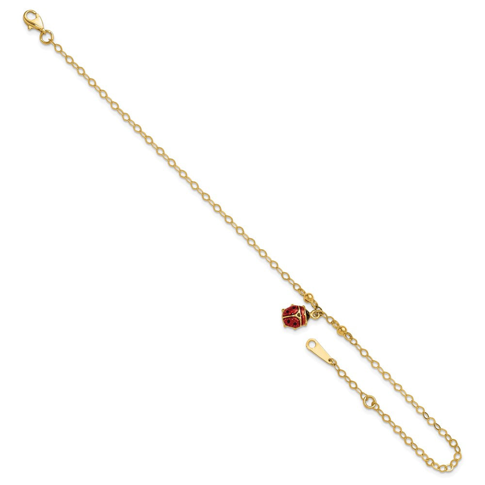 14K Adjustable Enameled Ladybug 9in Plus 1in ext. Anklet