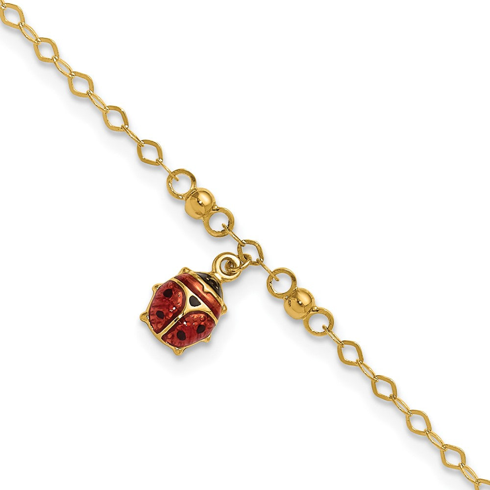 14K Adjustable Enameled Ladybug 9in Plus 1in ext. Anklet