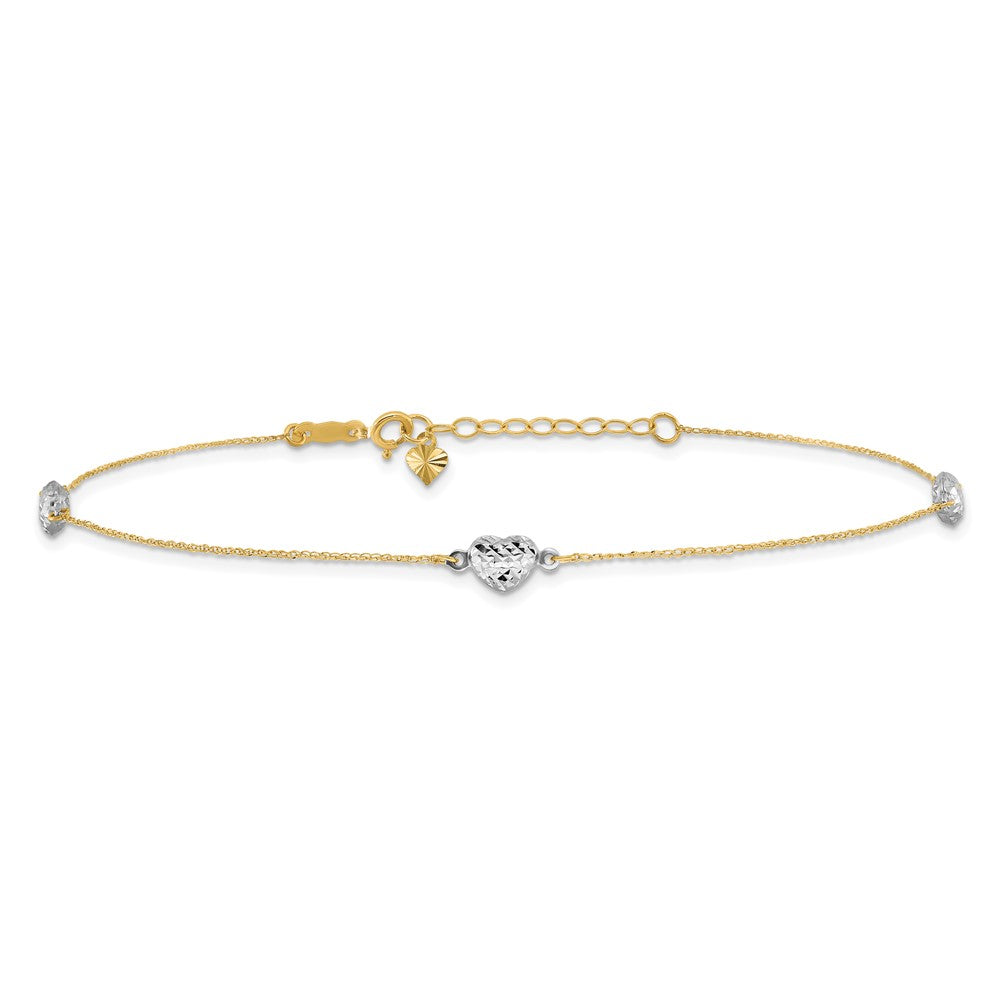 14k Two-tone Puff Heart 9in Plus 1in ext Anklet