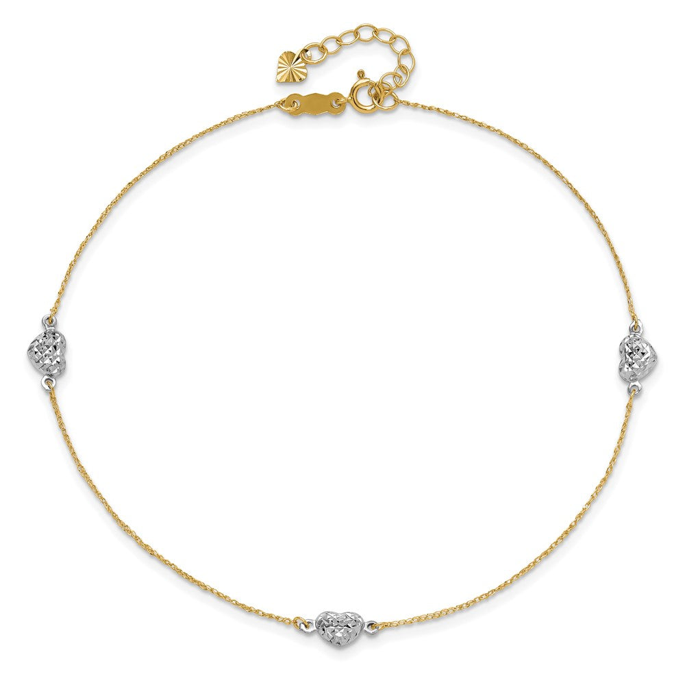 14k Two-tone Puff Heart 9in Plus 1in ext Anklet