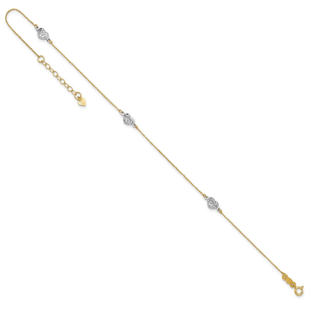 14k Two-tone Puff Heart 9in Plus 1in ext Anklet