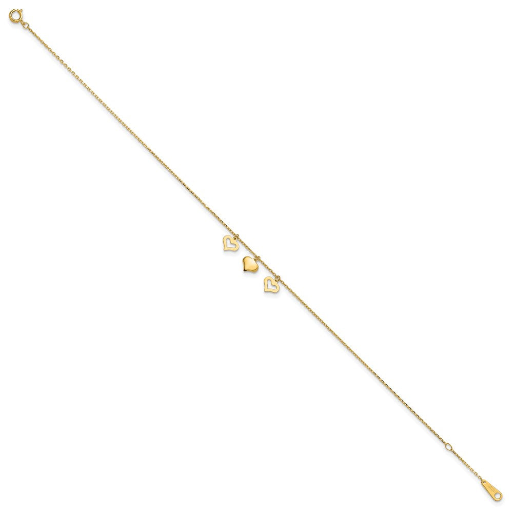 14k 3 Hearts 9in Plus 1in Extension Anklet