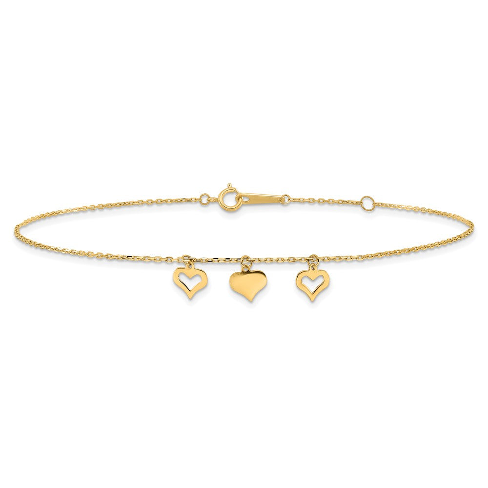 14k 3 Hearts 9in Plus 1in Extension Anklet