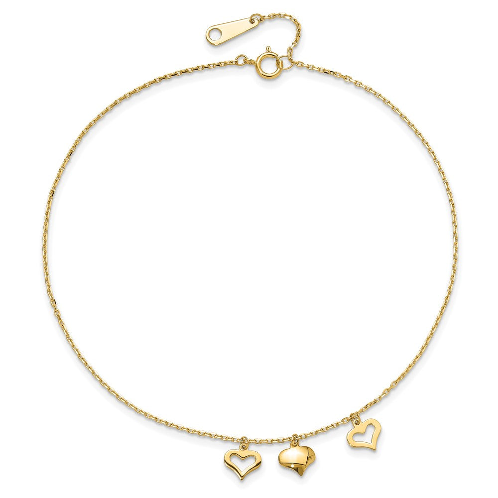 14k 3 Hearts 9in Plus 1in Extension Anklet