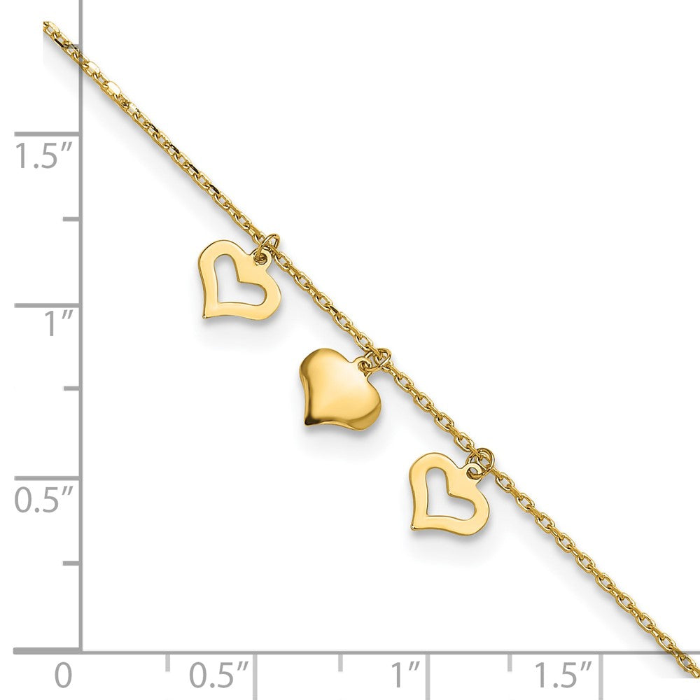 14k 3 Hearts 9in Plus 1in Extension Anklet