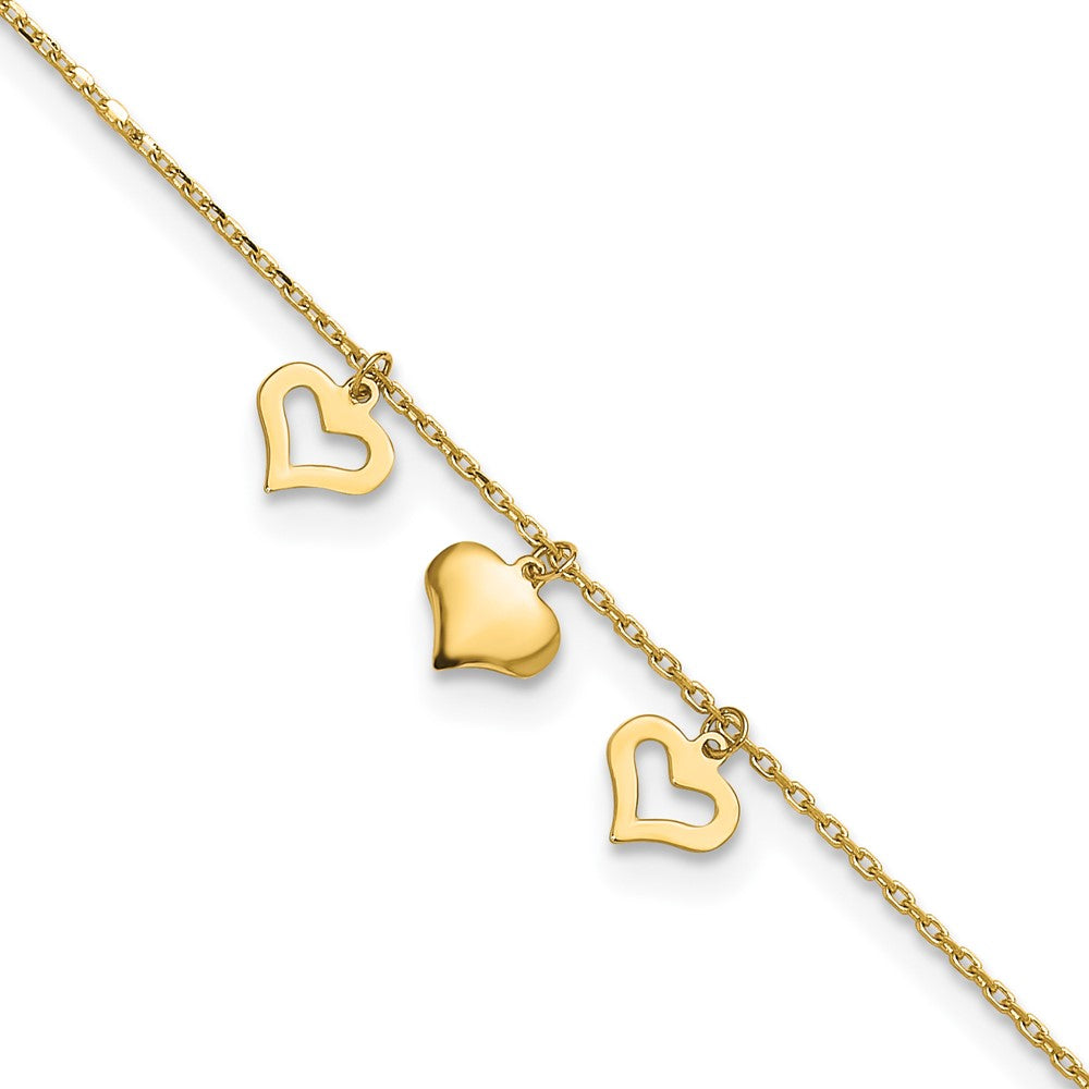 14k 3 Hearts 9in Plus 1in Extension Anklet