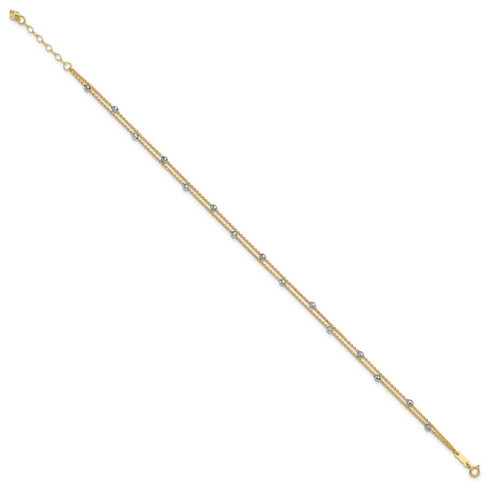 14K Two-tone 2 Stand Spiga Mirror Beads 9in Plus 1in Ext. Anklet