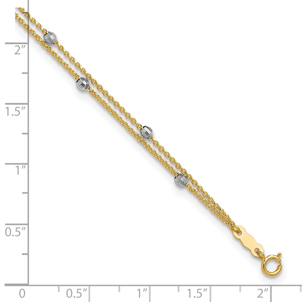 14K Two-tone 2 Stand Spiga Mirror Beads 9in Plus 1in Ext. Anklet