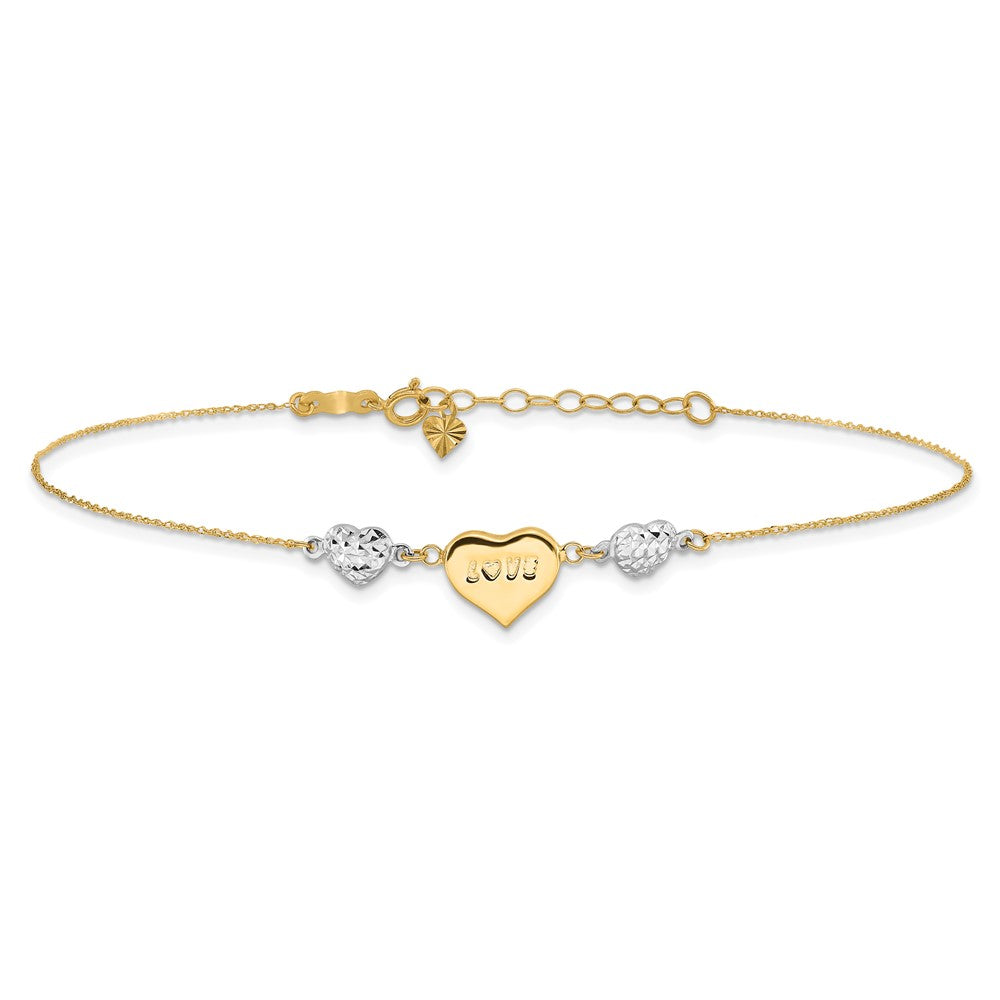 14K Two-tone Diamond-cut Puffed Heart LOVE 9in Plus 1in ext Anklet