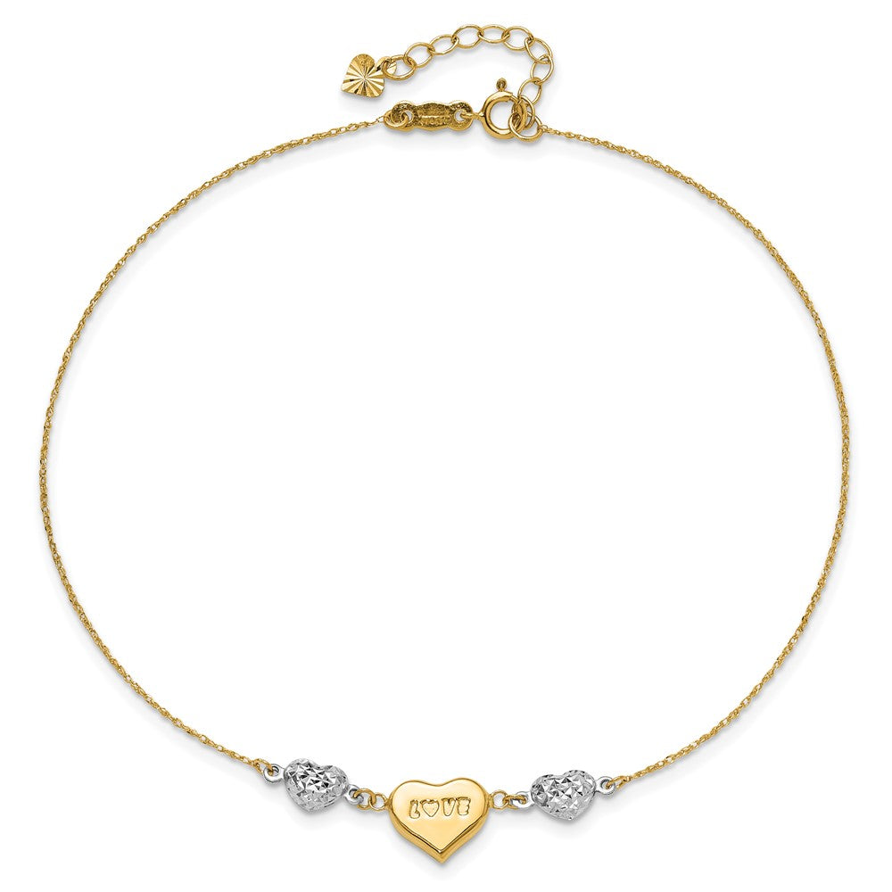 14K Two-tone Diamond-cut Puffed Heart LOVE 9in Plus 1in ext Anklet