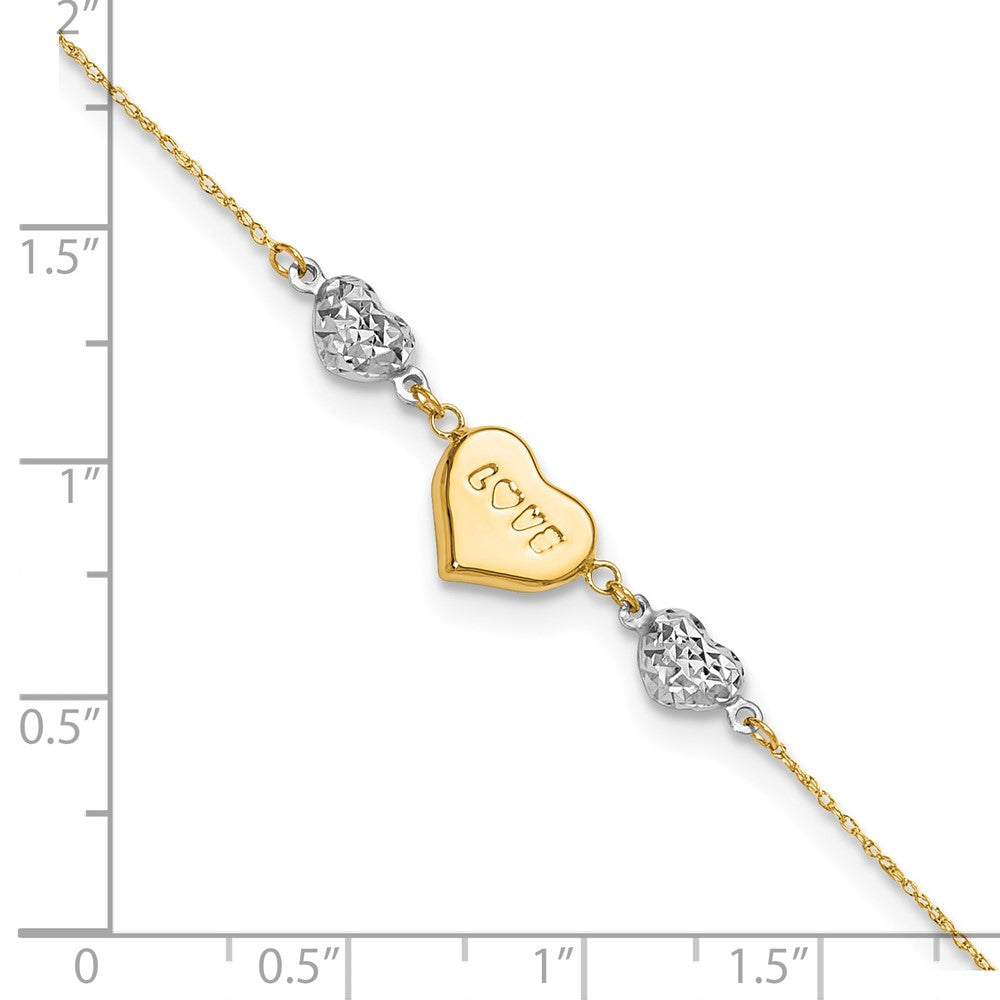 14K Two-tone Diamond-cut Puffed Heart LOVE 9in Plus 1in ext Anklet