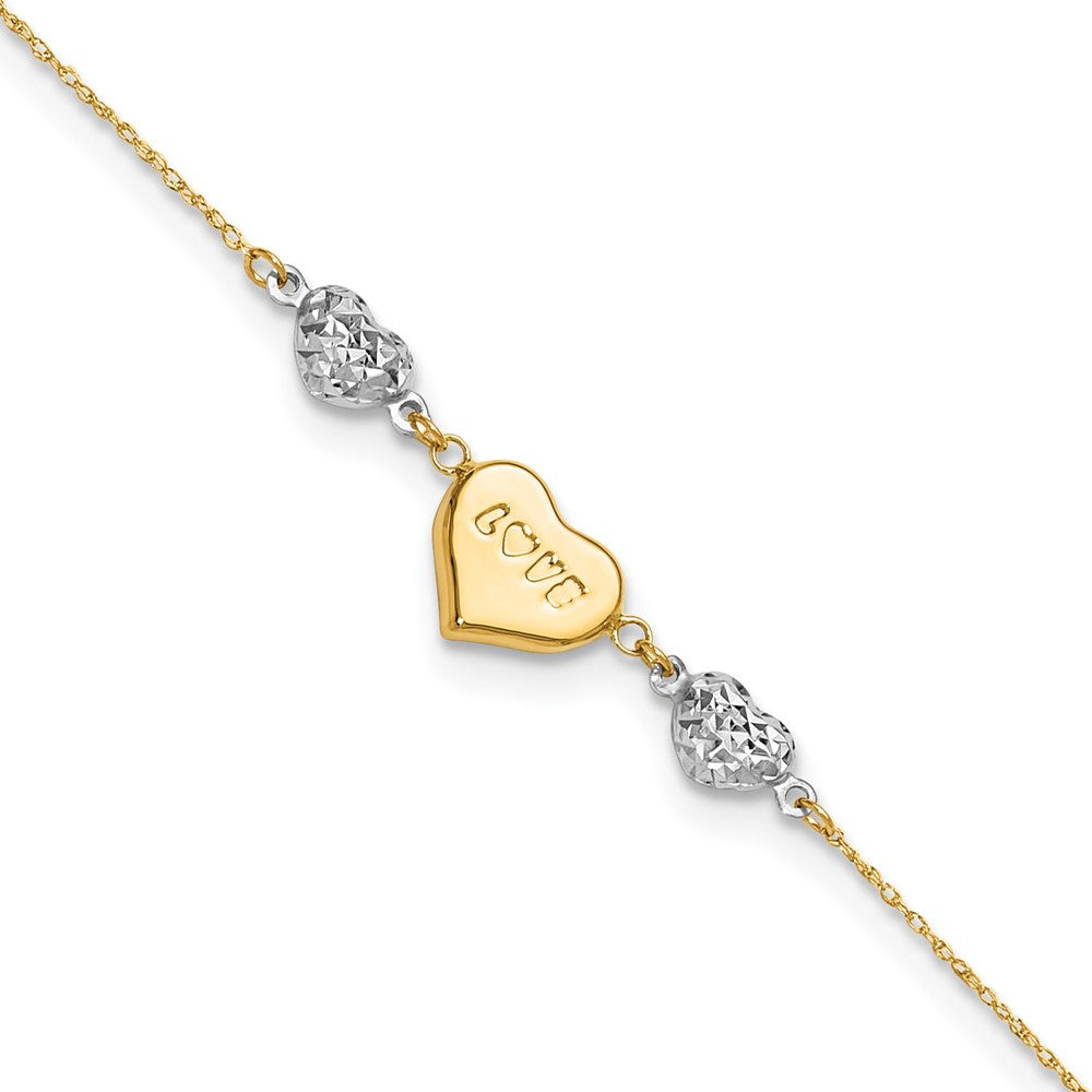 14K Two-tone Diamond-cut Puffed Heart LOVE 9in Plus 1in ext Anklet