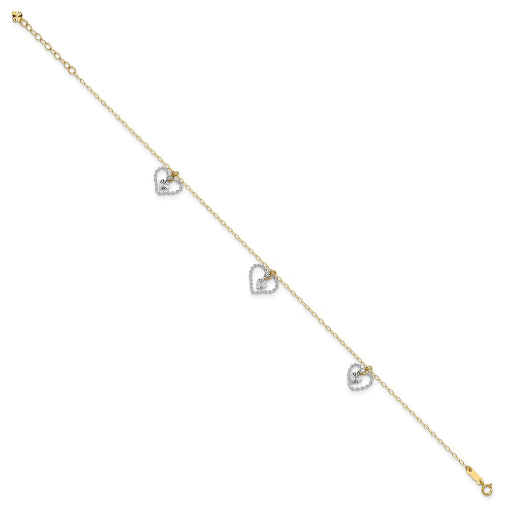 14K Two-tone Twisted and Diamond Cut Hearts 9in Plus 1in ext Anklet