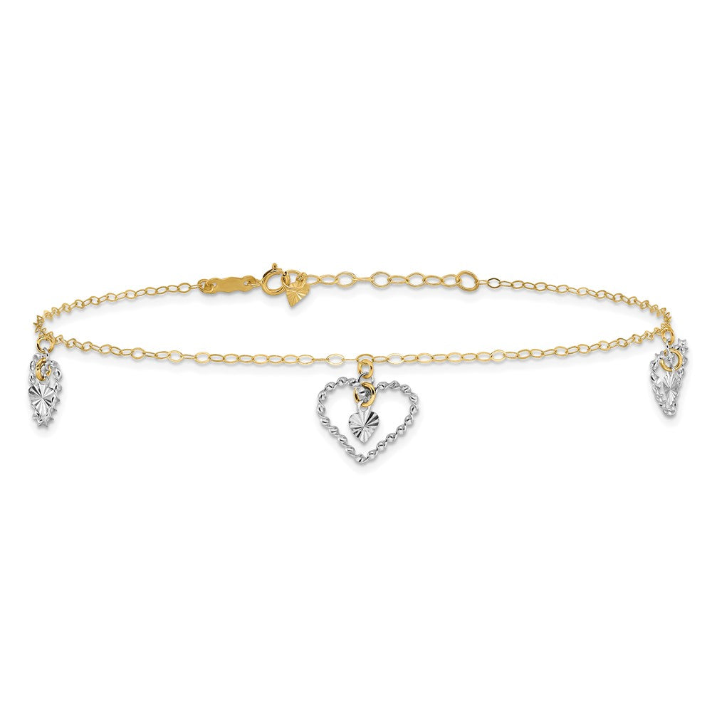 14K Two-tone Twisted and Diamond Cut Hearts 9in Plus 1in ext Anklet