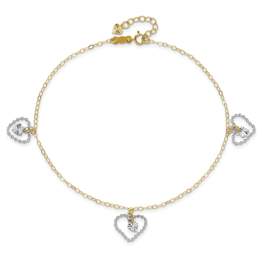 14K Two-tone Twisted and Diamond Cut Hearts 9in Plus 1in ext Anklet