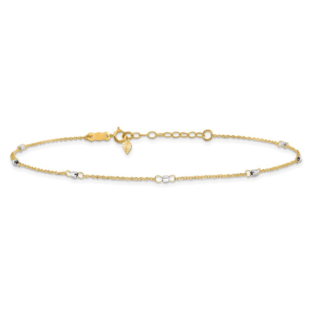 14K Two-tone Ropa Mirror Bead 9in Plus 1in Ext. Anklet