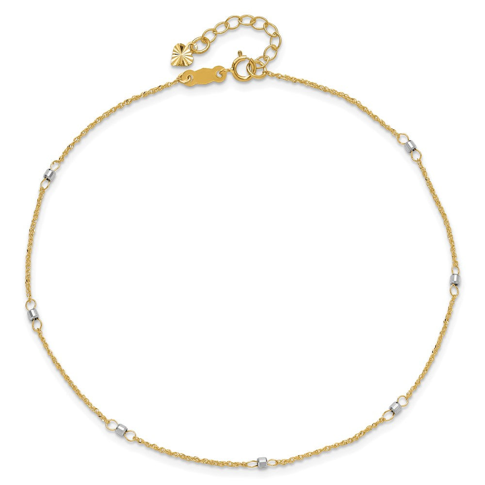 14K Two-tone Ropa Mirror Bead 9in Plus 1in Ext. Anklet