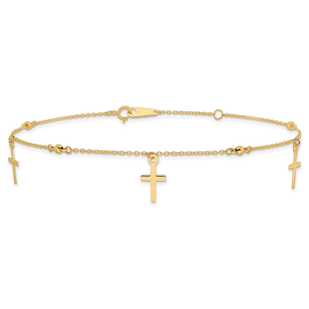 14k Polished and Diamond-cut Cross 9in Plus 1in ext. Anklet