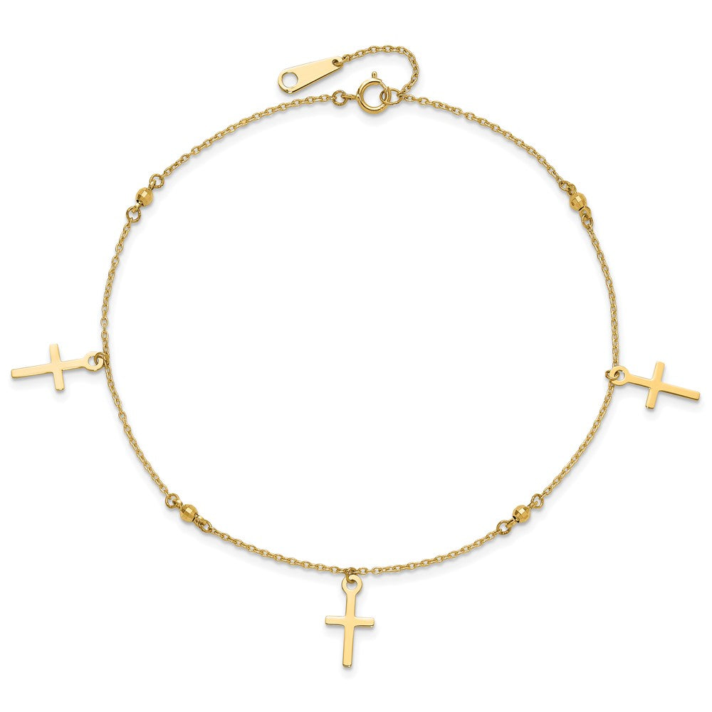 14k Polished and Diamond-cut Cross 9in Plus 1in ext. Anklet