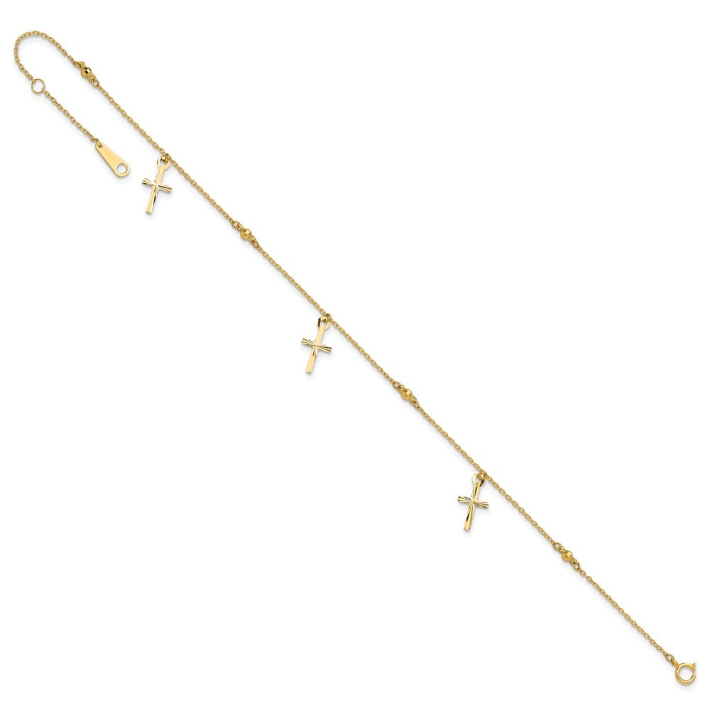 14k Polished and Diamond-cut Cross 9in Plus 1in ext. Anklet