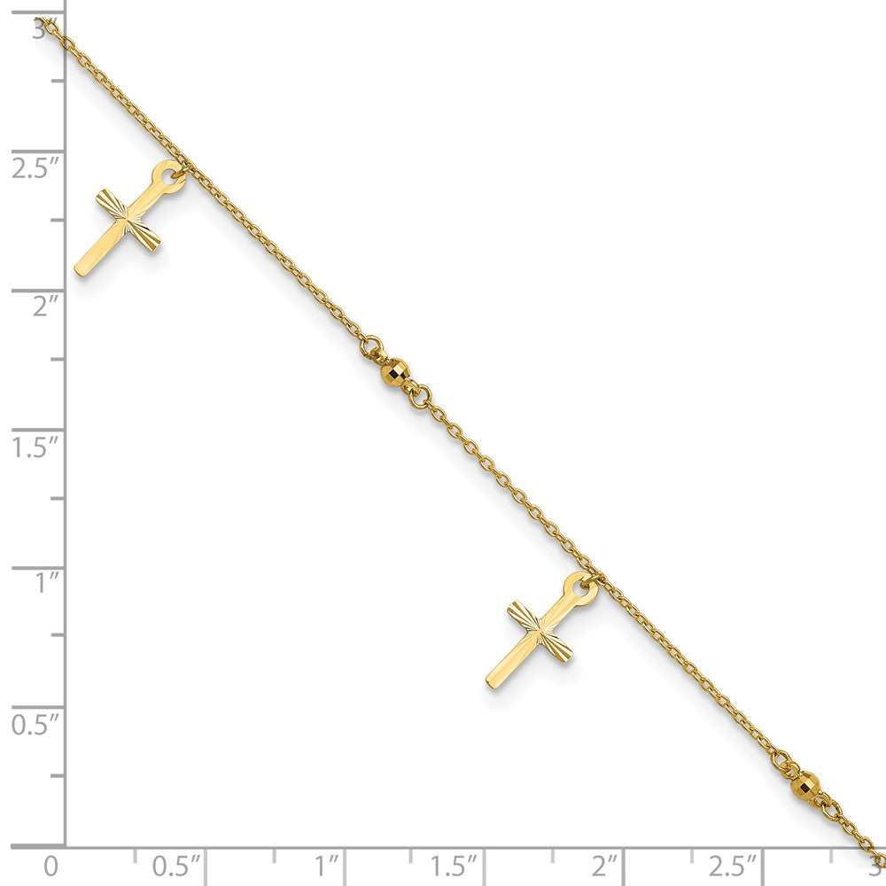 14k Polished and Diamond-cut Cross 9in Plus 1in ext. Anklet