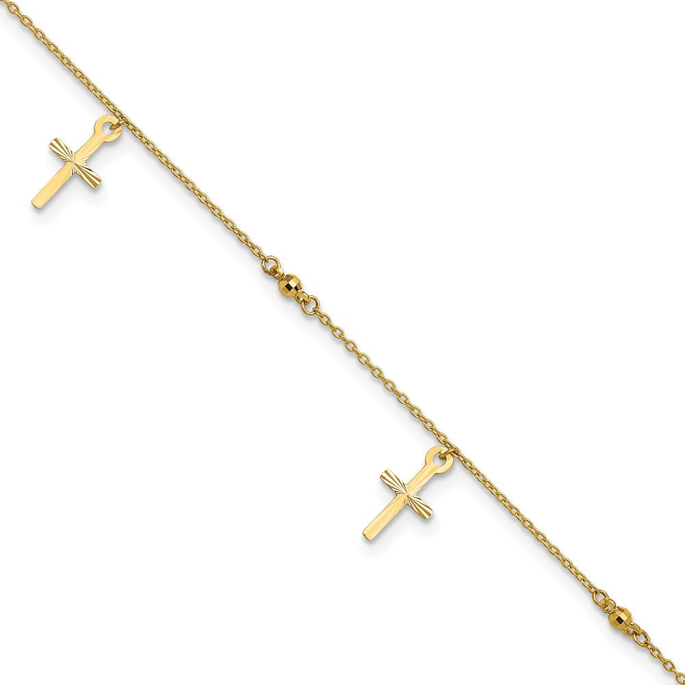 14k Polished and Diamond-cut Cross 9in Plus 1in ext. Anklet