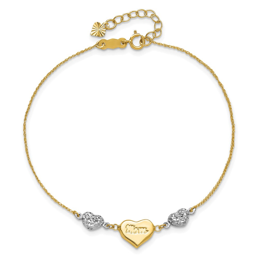 14K Two Tone Puffed MOM Heart 7in w/ 1 In Ext Bracelet