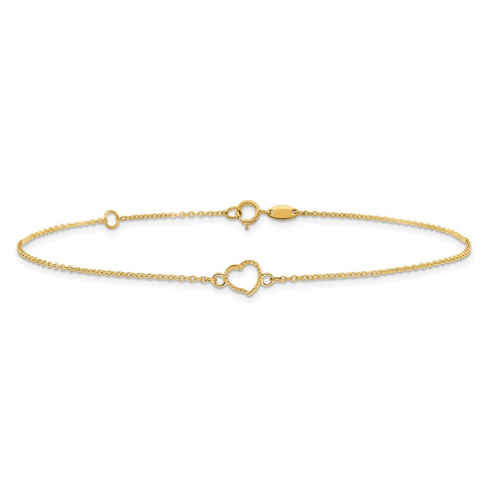 14K Textured and Polished Heart 9in Plus 1in ext Anklet