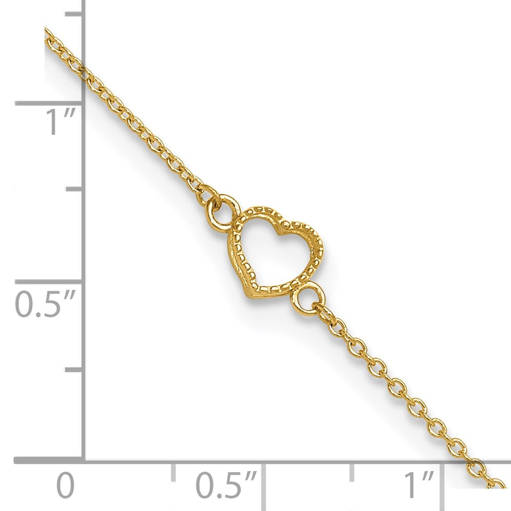 14K Textured and Polished Heart 9in Plus 1in ext Anklet