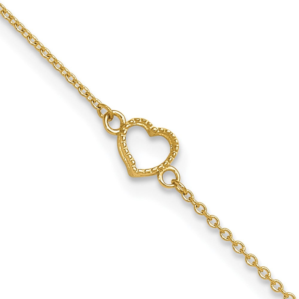 14K Textured and Polished Heart 9in Plus 1in ext Anklet