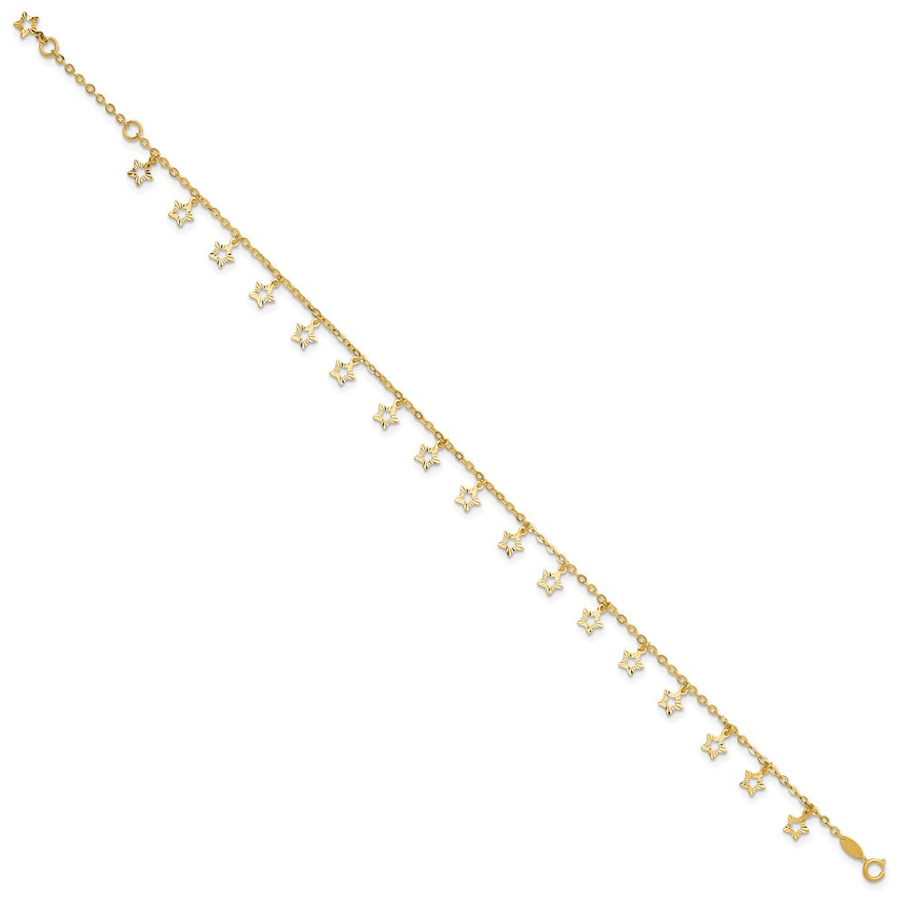 14k Polished and Textured Star 9in Plus 1in ext. Anklet