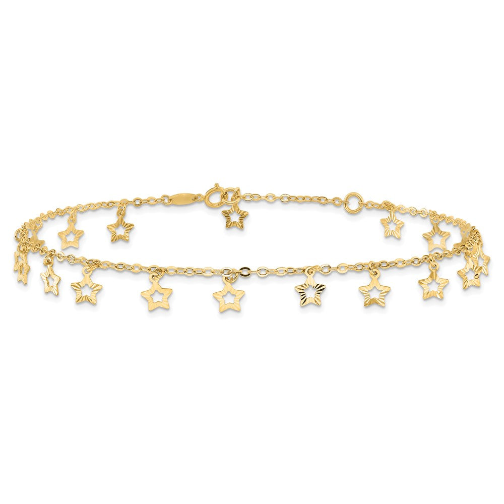 14k Polished and Textured Star 9in Plus 1in ext. Anklet