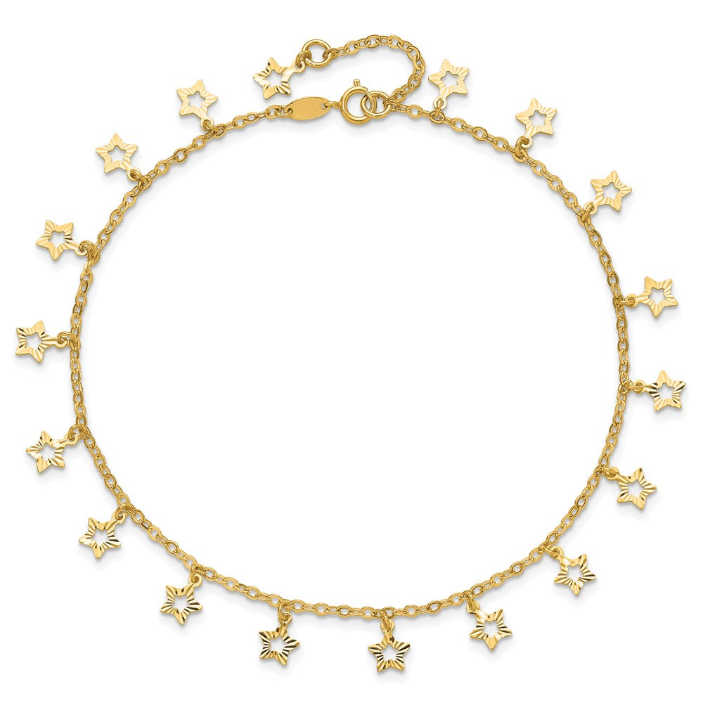 14k Polished and Textured Star 9in Plus 1in ext. Anklet