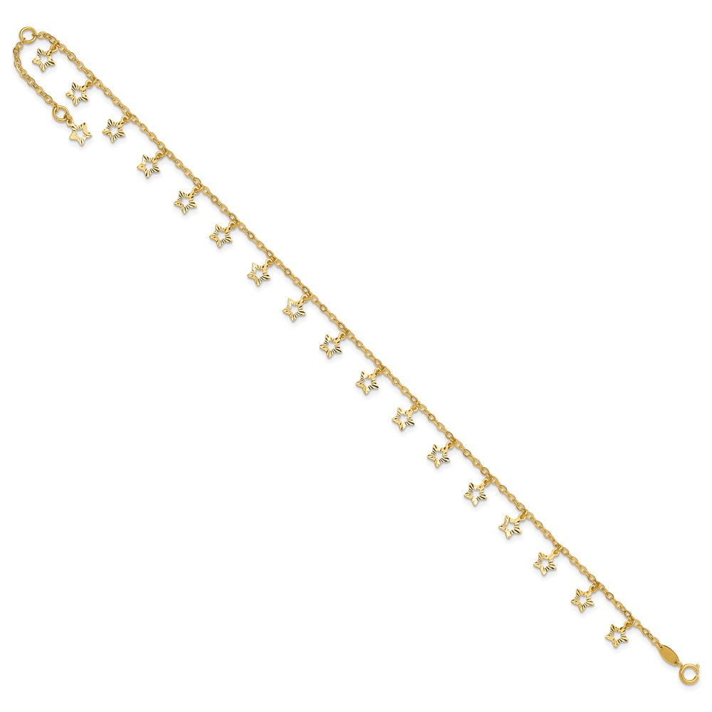 14k Polished and Textured Star 9in Plus 1in ext. Anklet