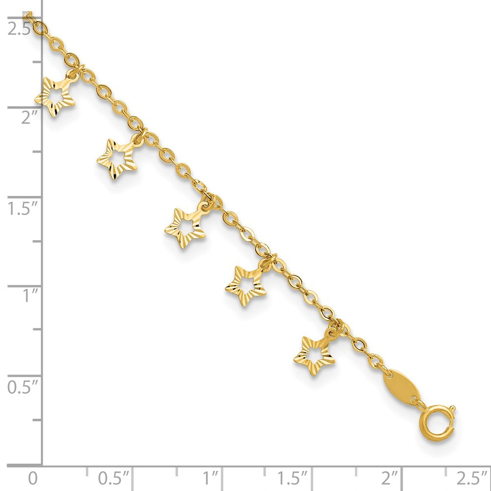 14k Polished and Textured Star 9in Plus 1in ext. Anklet