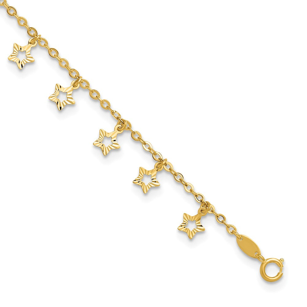 14k Polished and Textured Star 9in Plus 1in ext. Anklet