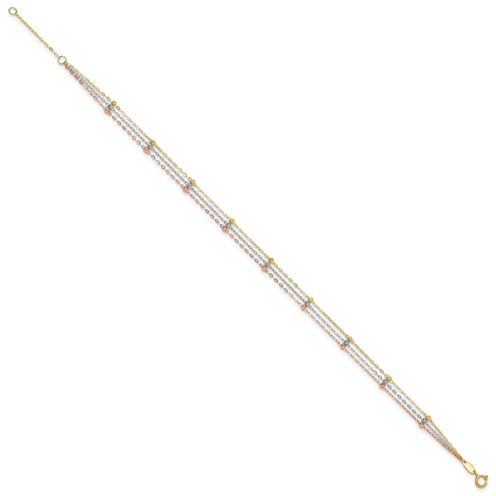 14k Tri-color 3-Strand Diamond-cut Beaded 9in Plus 1in ext Anklet